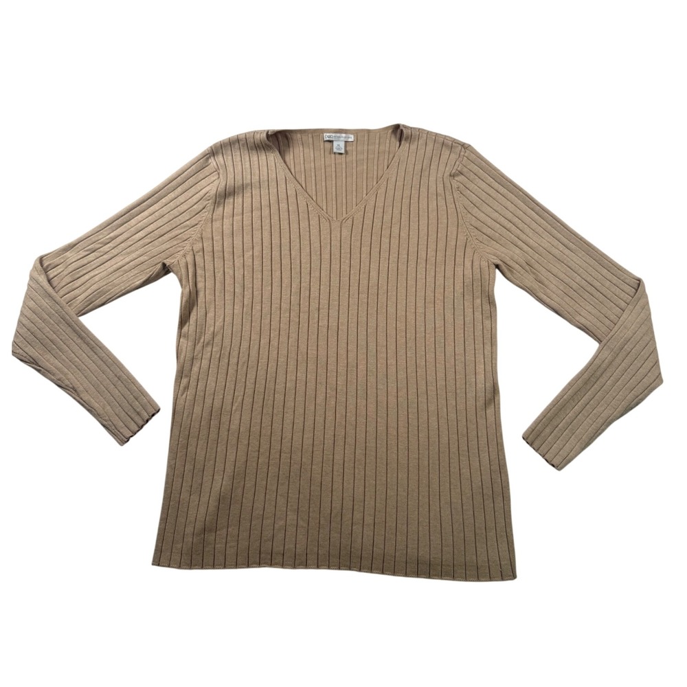 Cato Womens XL Beige Ribbed V-Neck Sweater Long Sleeve Stretchy Knit Top
